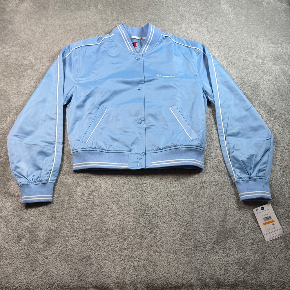 Champion Cropped Varsity Jacket Women Small Light Blue Satin Snap Front CZ6RP340